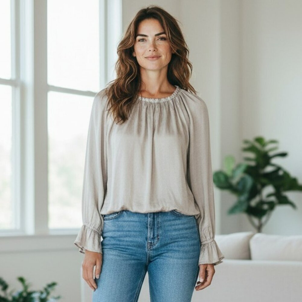 Bella Dahl Womens XS Gray Long Balloon Sleeve Elastic Neck Waist Top Blouse